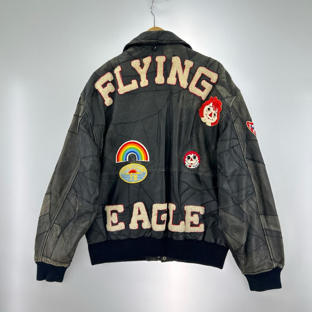 レザージャケット 韓国製 ワッペン付き パッチワーク レザージャケット 黒 ブラック