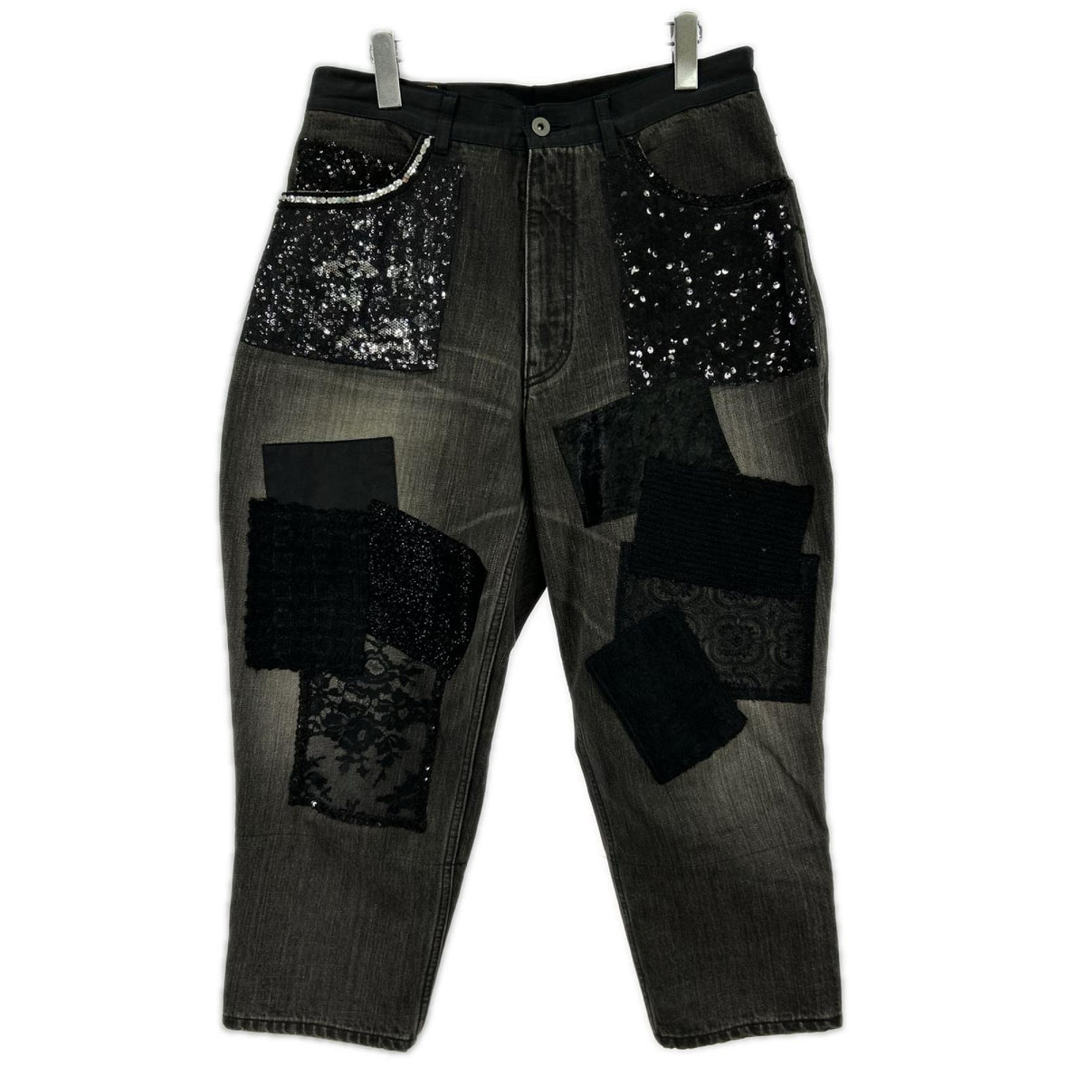 デニムパンツ denim 14AW スパンコール レザー クロコ型押し パッチワーク M ブラック