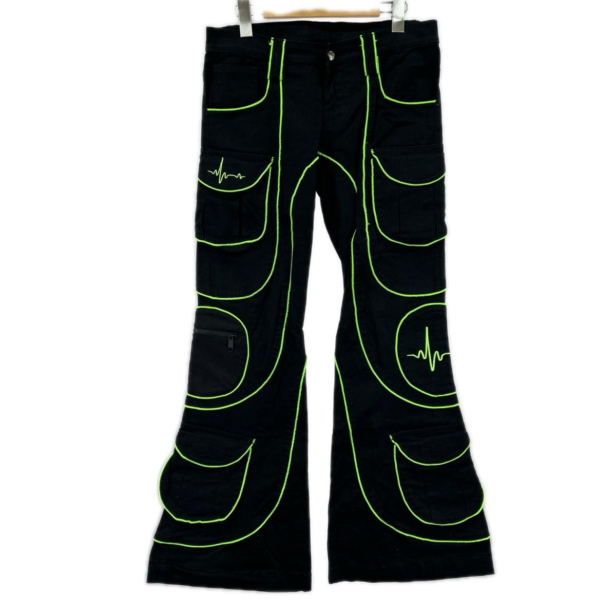 パンツ SPACE TRIBE グリーンライン フレア 黒緑 (M) M ブラック