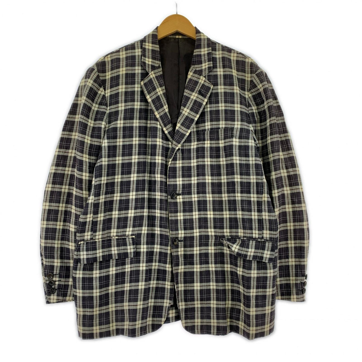 ジャケット 80s COMME des GARCONS HOMME リネンチェックジャケット M 紺 M マルチカラー