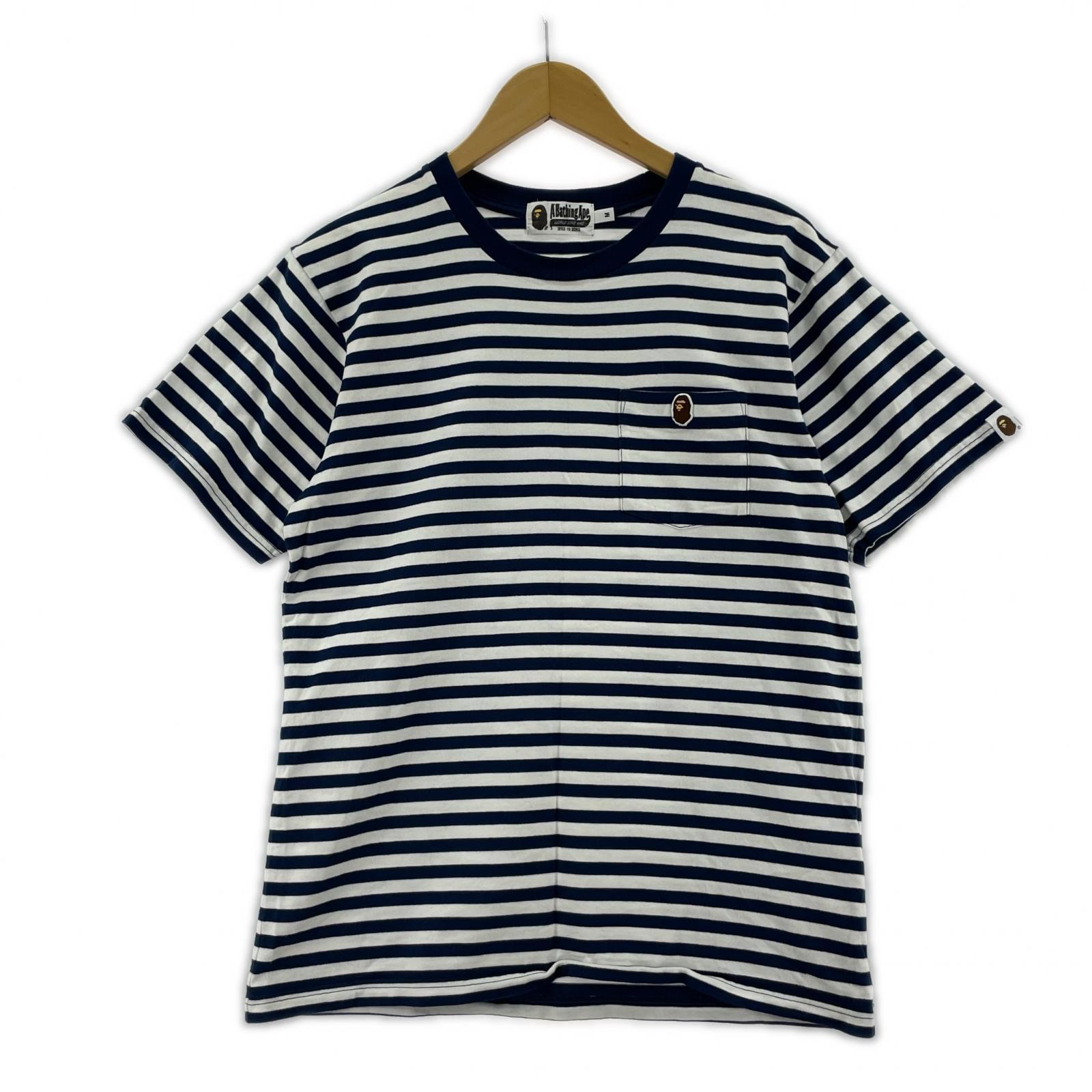 半袖Ｔシャツ A BATHING APE ワンポイントロゴ S/S TEE ボーダー 白×紺 (M) M