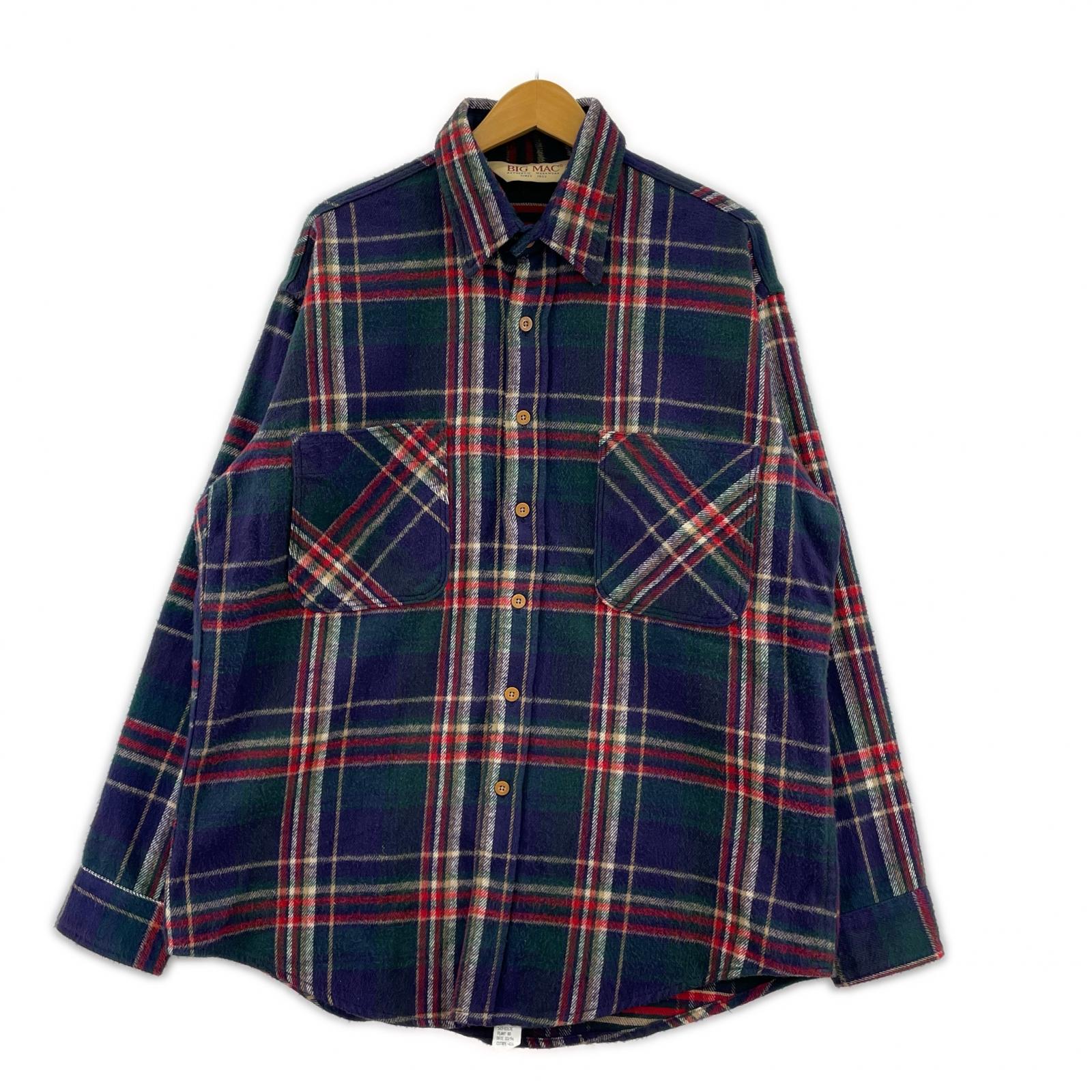 長袖シャツ 90s BIG MAC USA製 ネルチェックシャツ L ネイビー