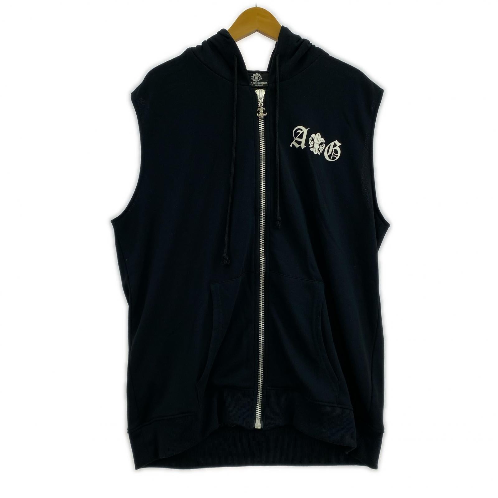 パーカー A＆G バッククロス ノースリーブジップパーカー XL 黒 ブラック