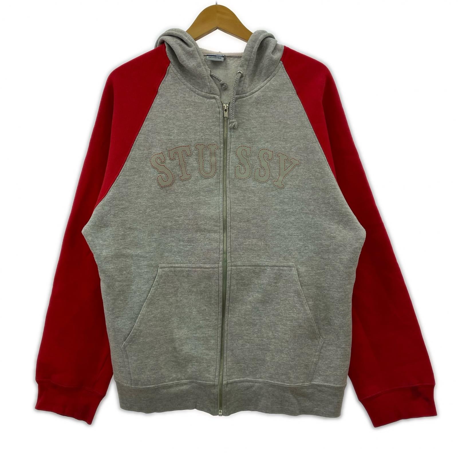 パーカー 00s STUSSY アーチロゴ ラグランジップパーカー S グレー×赤 S