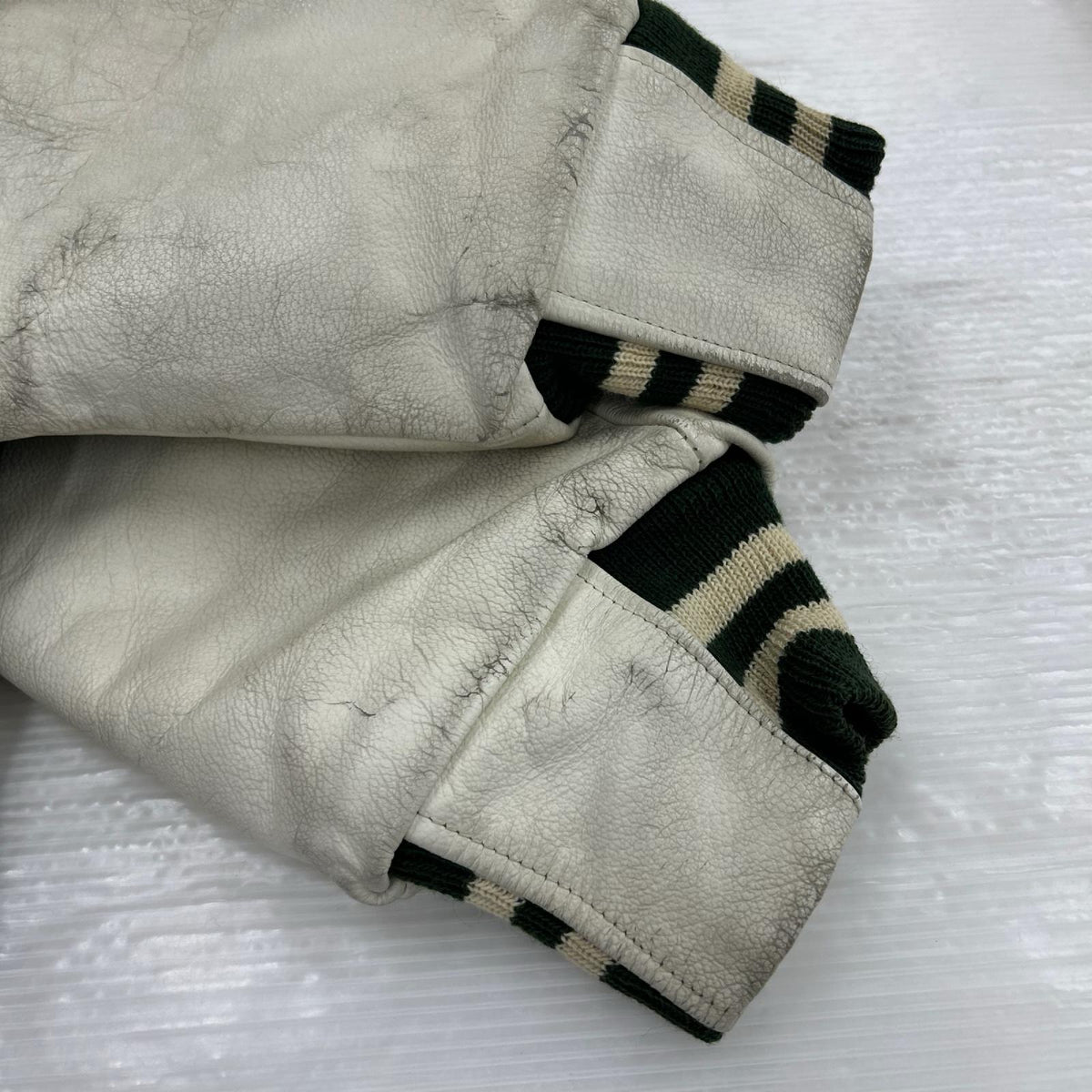 ジャケット 90s頃 GOLDEN BEAR 袖レザースタジャン(M) グリーン×クリーム M