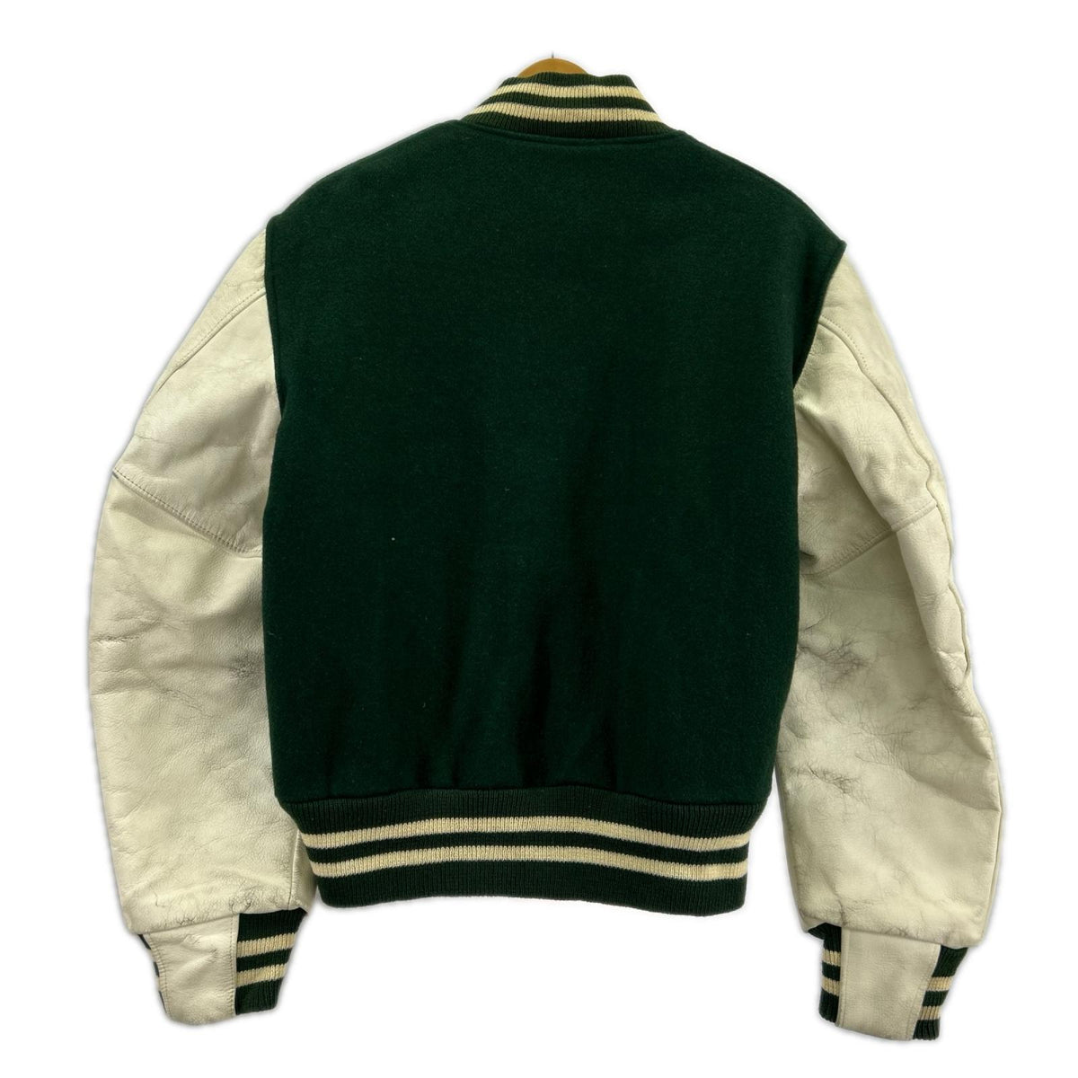 ジャケット 90s頃 GOLDEN BEAR 袖レザースタジャン(M) グリーン×クリーム M