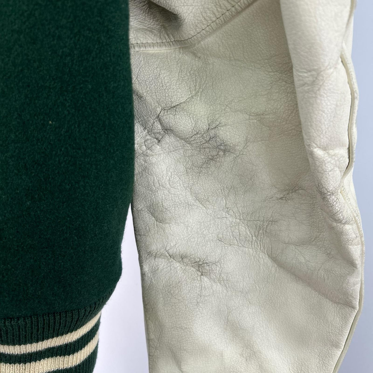 ジャケット 90s頃 GOLDEN BEAR 袖レザースタジャン(M) グリーン×クリーム M