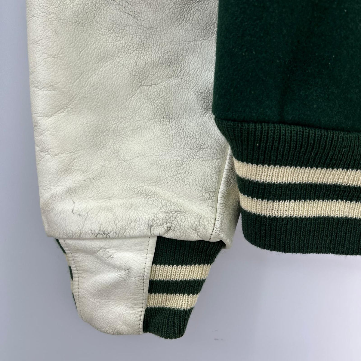 ジャケット 90s頃 GOLDEN BEAR 袖レザースタジャン(M) グリーン×クリーム M