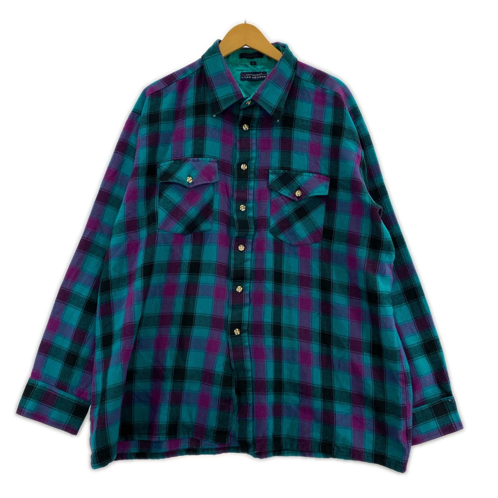 長袖シャツ VAN HEUSEN ウールチェックシャツ XL グリーン グリーン