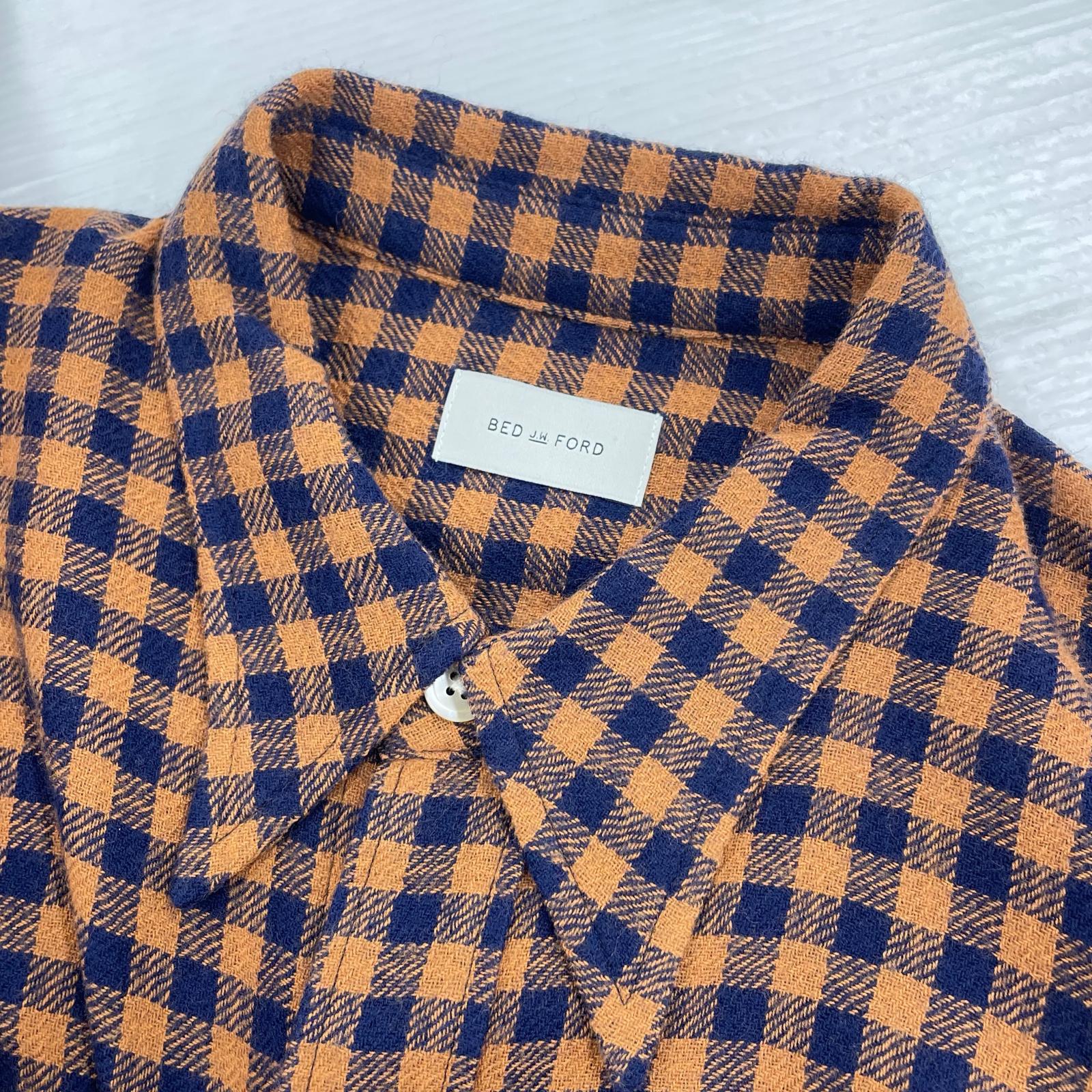 長袖シャツ グンガムチェックロングシャツ　オレンジ　紺 1