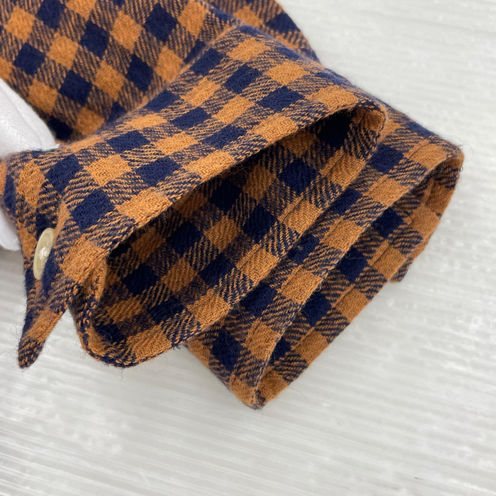 長袖シャツ グンガムチェックロングシャツ　オレンジ　紺 1