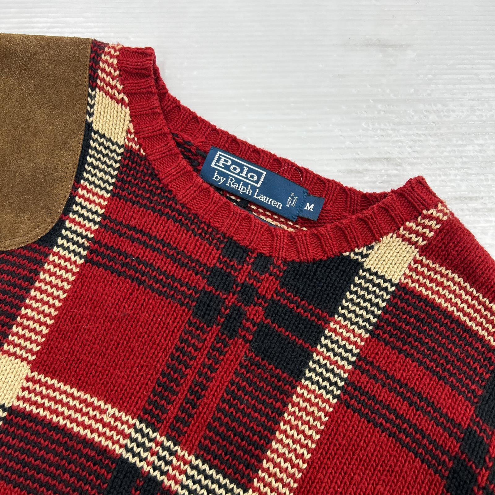 ニット エルボーパッチ チェックニット 赤(M) M