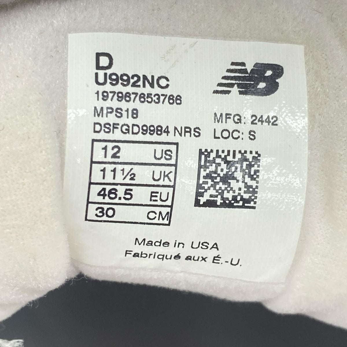 スニーカー NEW BALANCE USA製 U992NC NIMBUS CLOUD 30.0cm 30cm (US12 UK11 1/2 EU50) グレー