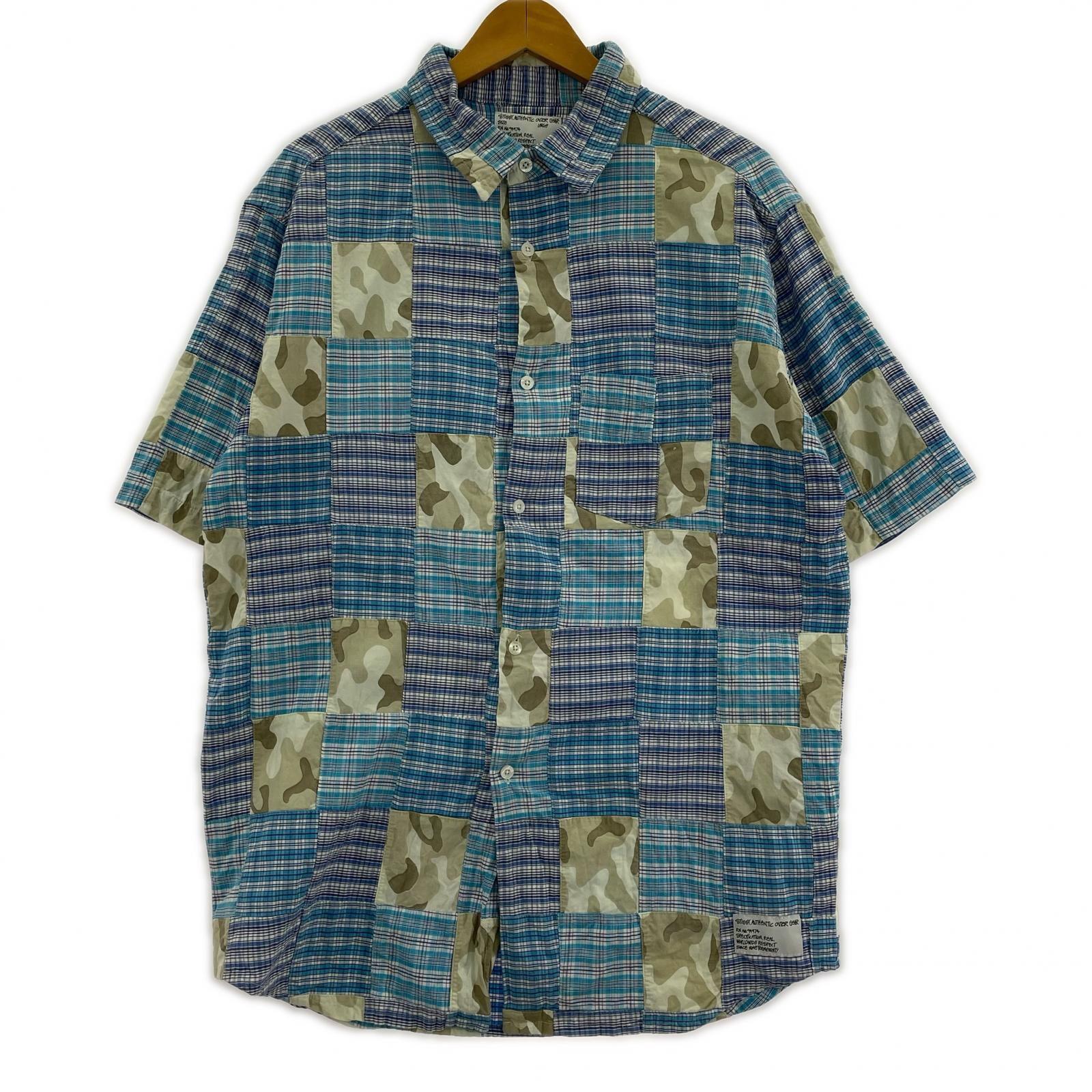 半袖シャツ STUSSY AUTHENTIC GEAR パッチワークシャツ チェック×カモフラ L L ブルー