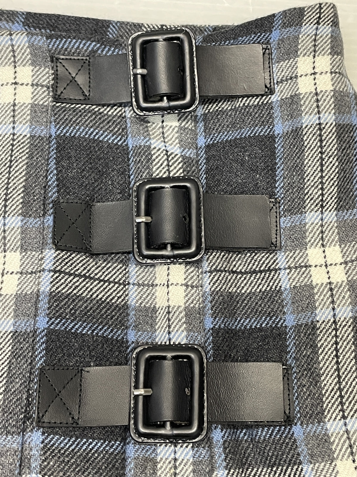 CELINE サイドベルト ウール×カシミヤ チェックスカート 40 ブルーグレー