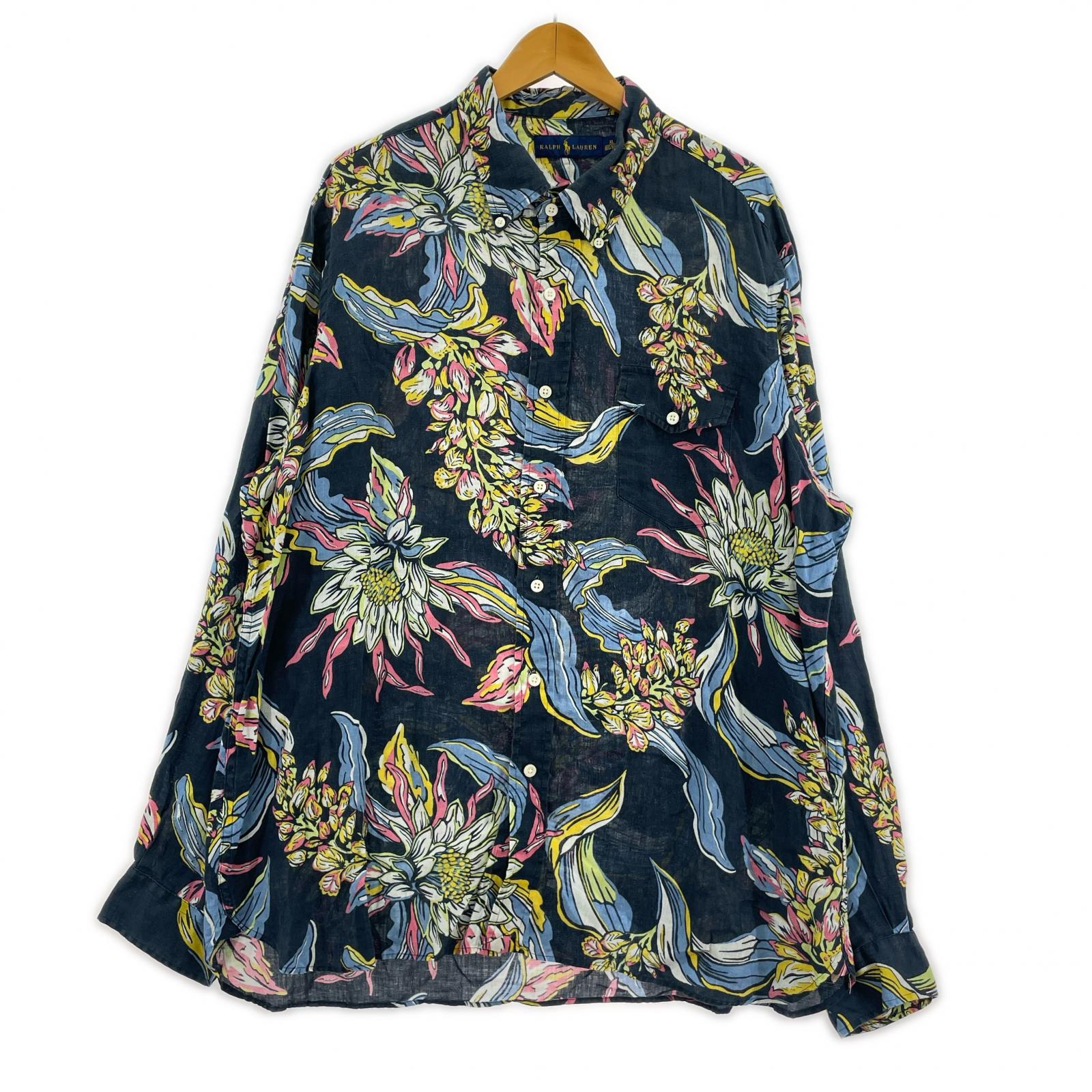 長袖シャツ 総柄 リネンシャツ (XL) 紺