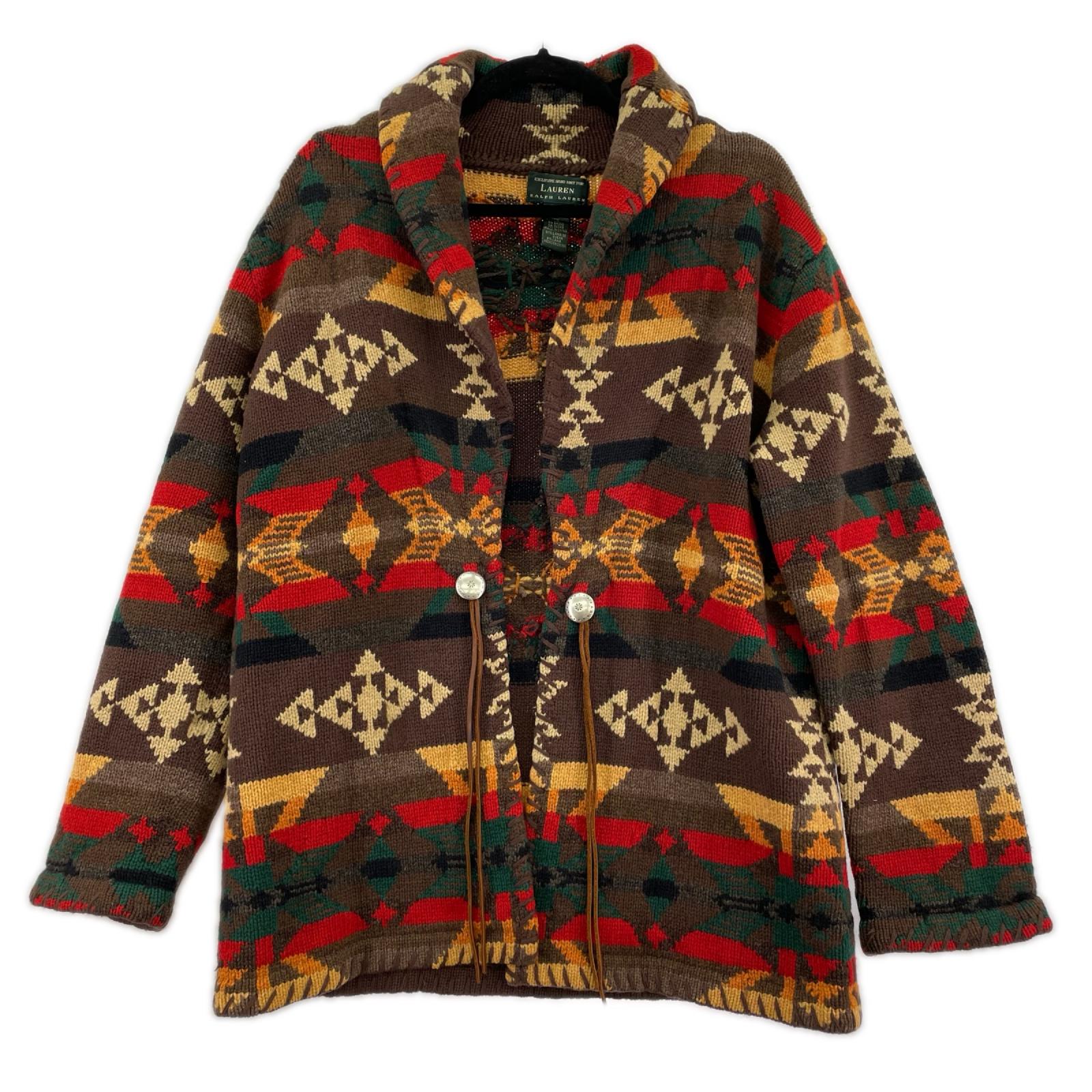 ジャケット LAUREN RALPH LAUREN ﾈｲﾃｨﾌﾞ柄 ｺﾝﾁｮﾎﾞﾀﾝ ｼｮｰﾙｶﾗｰｶｰﾃﾞｨｶﾞﾝ M M ブラウン