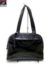 PRADA レザー×ウール ハンドバッグ 黒×カーキ