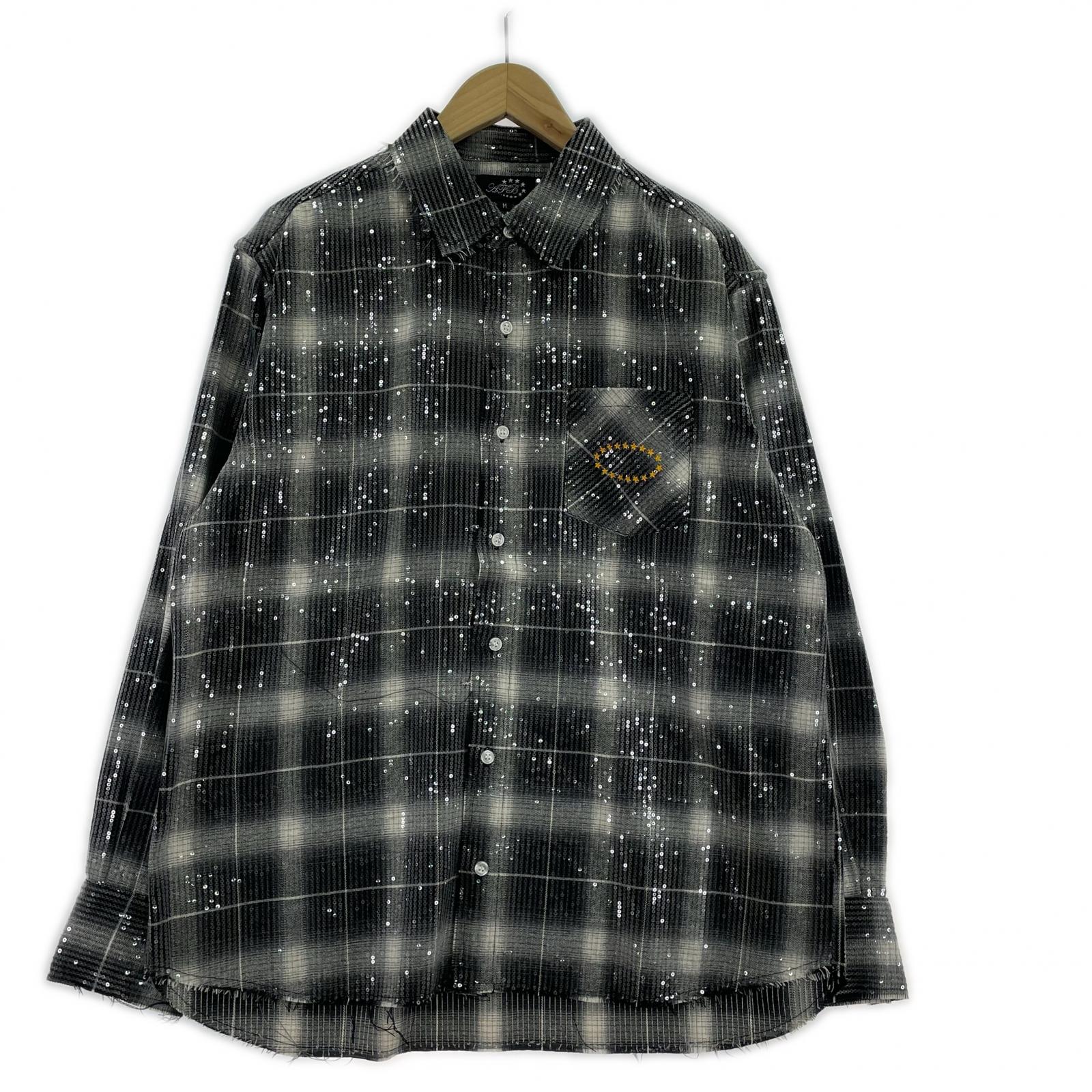長袖シャツ AFB SPANGLE SHIRTS スパンコールチェックシャツ M 黒 M ブラック