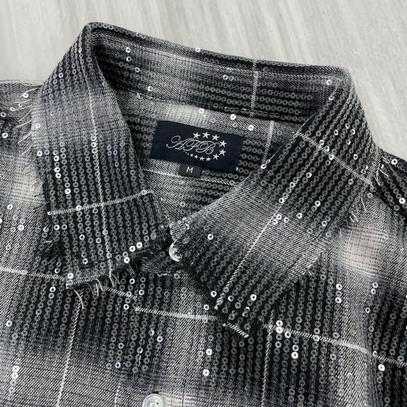 長袖シャツ AFB SPANGLE SHIRTS スパンコールチェックシャツ M 黒 M ブラック