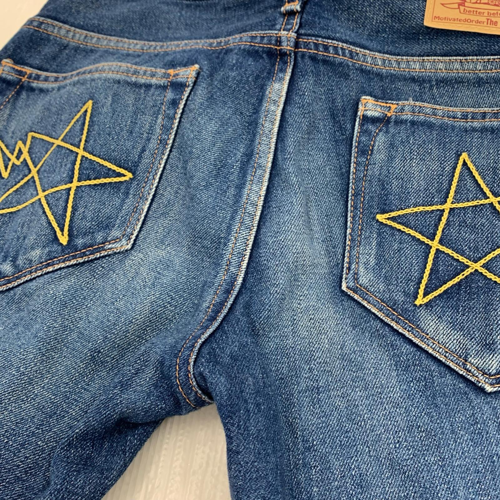 デニムパンツ カモフラージュ リペア加工 バックstar刺繍 デニムパンツ ネイビー