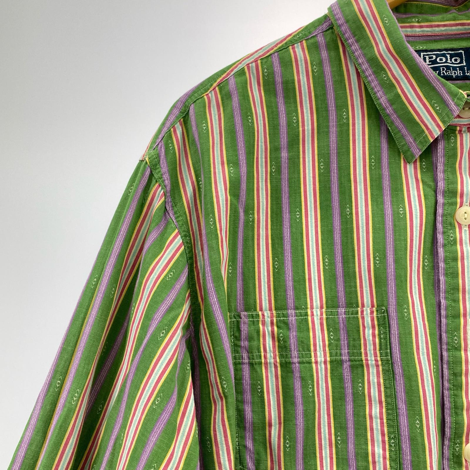 長袖シャツ ストライプ　90s XL グリーン