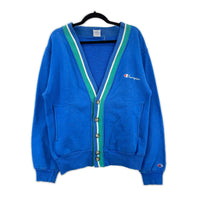 カーディガン 90s Sweat cardigan 青タグ ラインリブ 刻印ボタン L ブルー