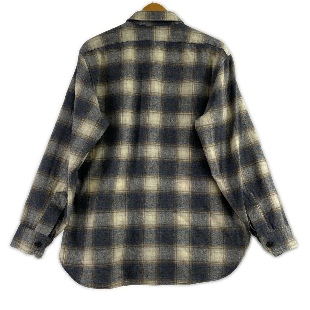 長袖シャツ 70s USA製 シャドーチェック ウールシャツ (L) ネイビー×ベージュ系 L