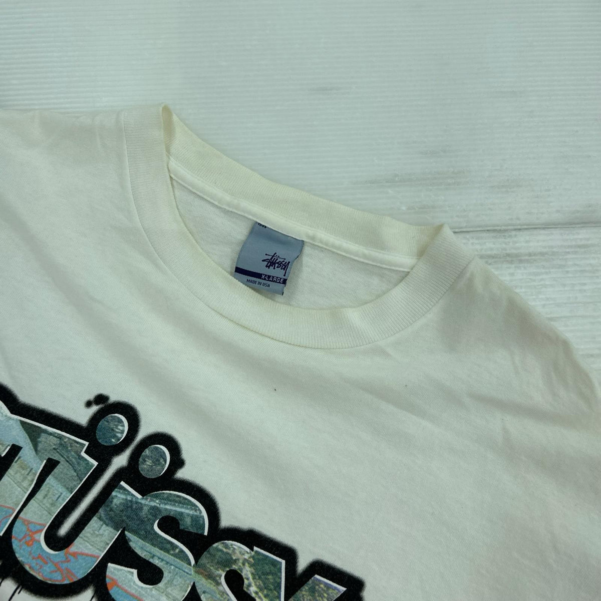 半袖Ｔシャツ STUSSY USA製 紺ﾀｸﾞ S/SﾌﾟﾘﾝﾄTee 白 (XL) ホワイト