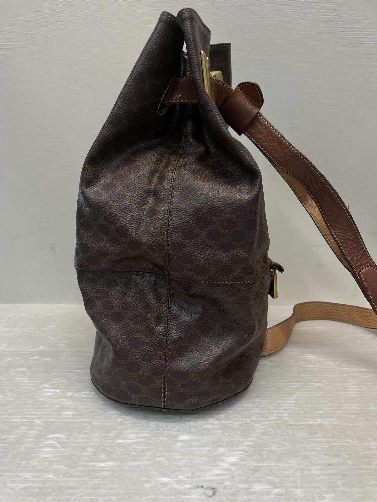 OLD CELINE マカダム柄 PVC 巾着型 ワンショルダーバッグ ブラウン