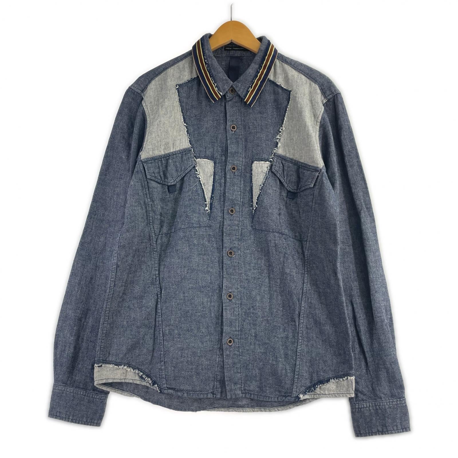 長袖シャツ MARITHE + FRANCOIS GIRBAUD パッチワークデザインシャツ L ブルー L ブルー