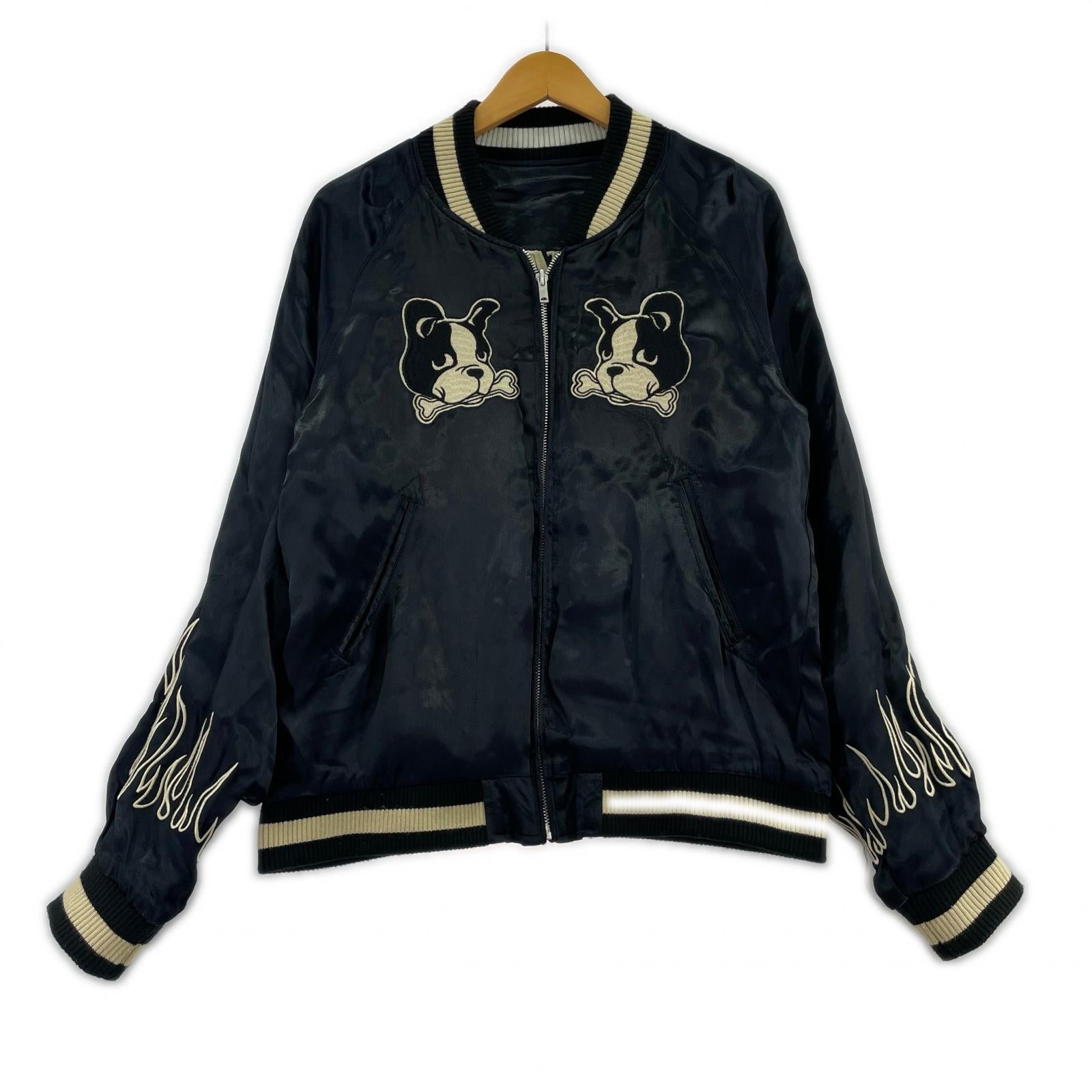 ジャケット VANSON ブルドッグ×スカル リバーシブルスカジャン M 黒 M