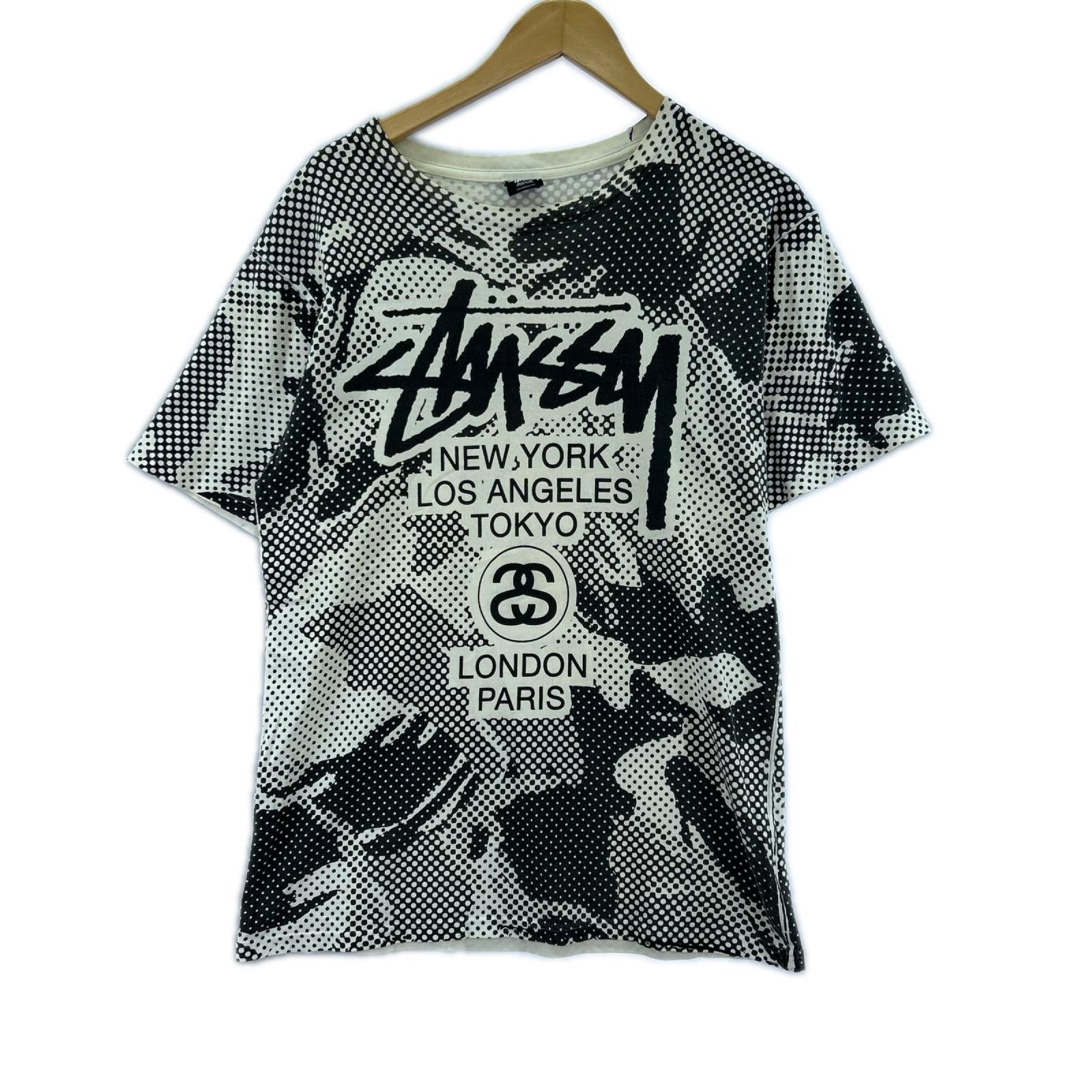 半袖Ｔシャツ STUSSY 大判ロゴプリントTEE 白 (M) M ブラック