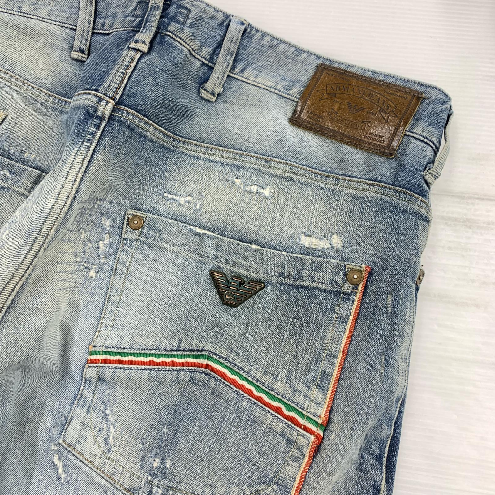 デニムパンツ リペア ペイント加工 デニムパンツ 31 ブルー