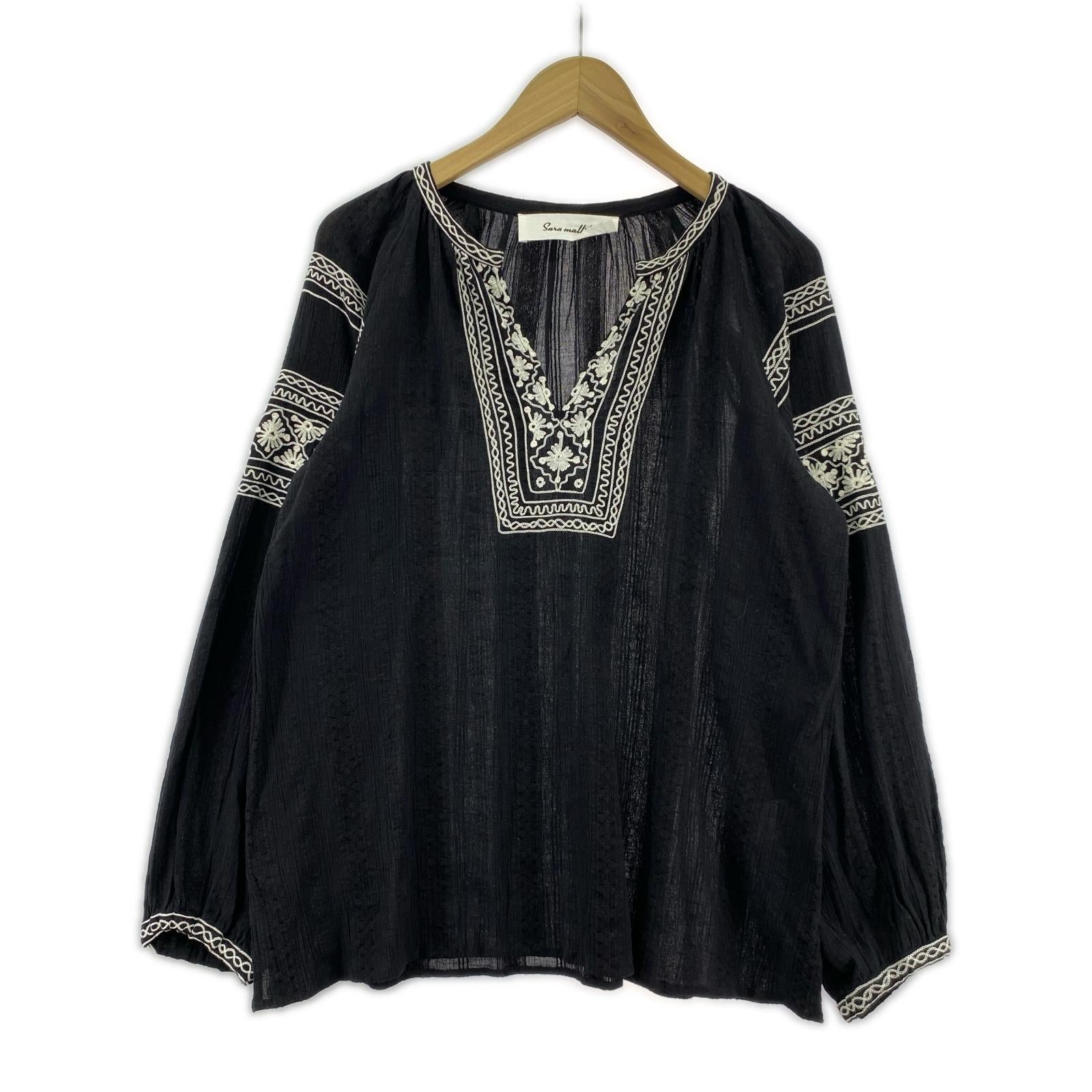 長袖Ｔシャツ sara mallika/刺繍/スキッパー/黒 ブラック