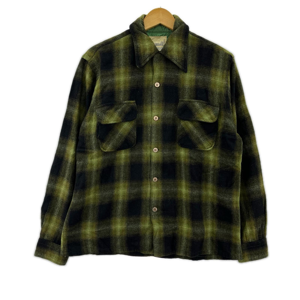 長袖シャツ 70s Cascade ｵﾝﾌﾞﾚﾁｪｯｸｳｰﾙｼｬﾂ M M グリーン