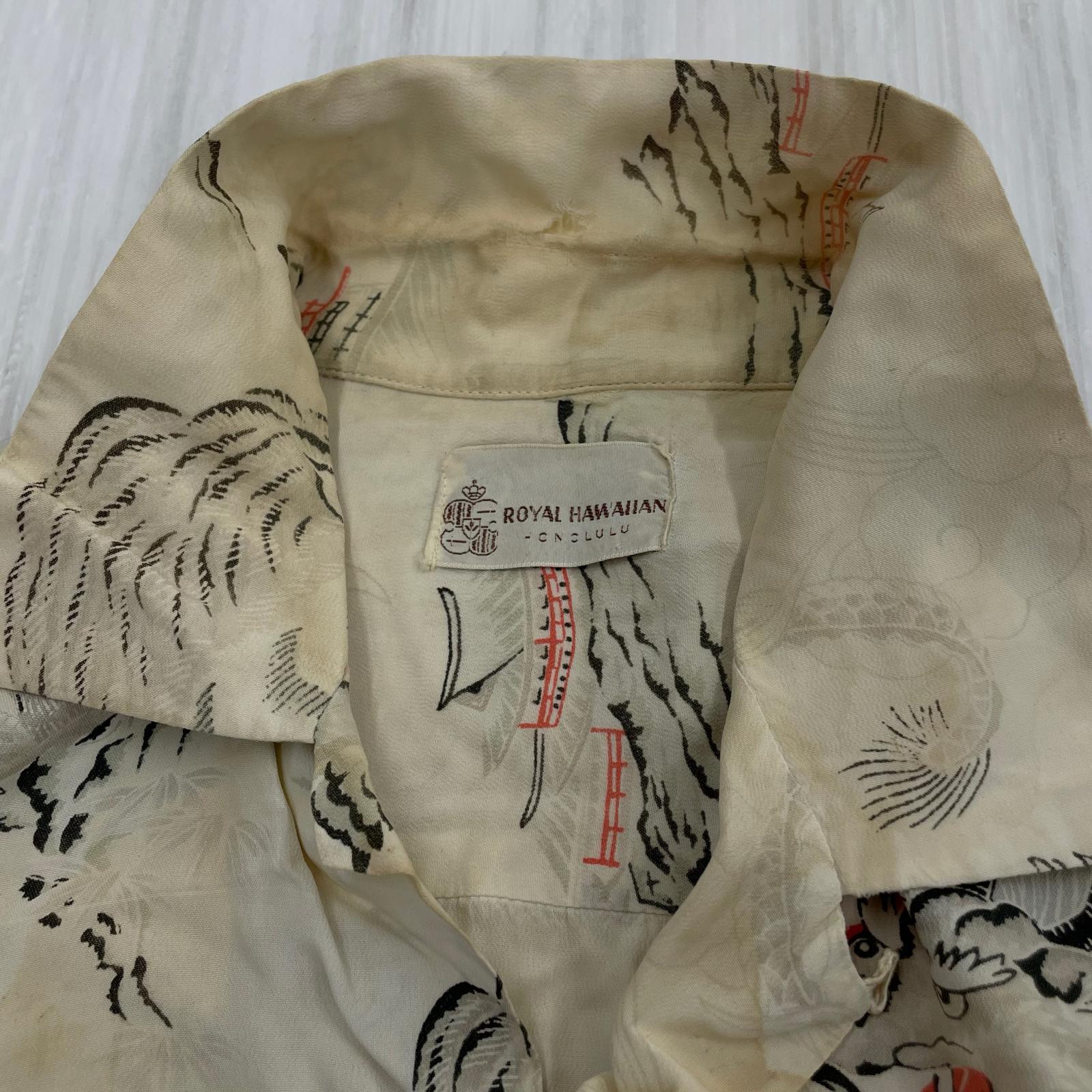 半袖シャツ 40s 50s ROYAL HAWAIIAN 和柄アロハ ベージュ