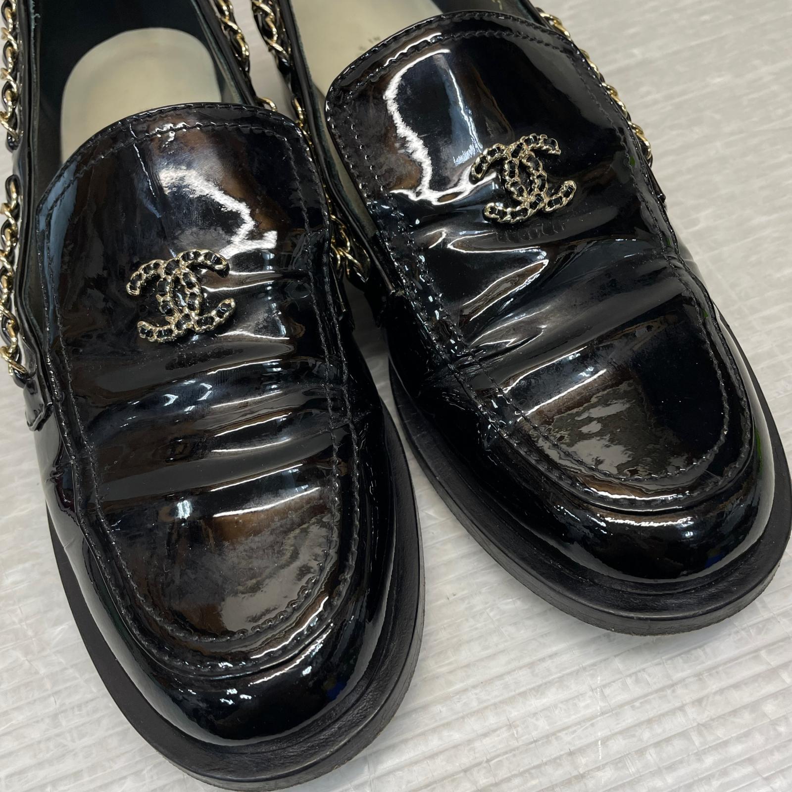 CHANEL パテントレザー ココマーク チェーンローファー 36C 黒
