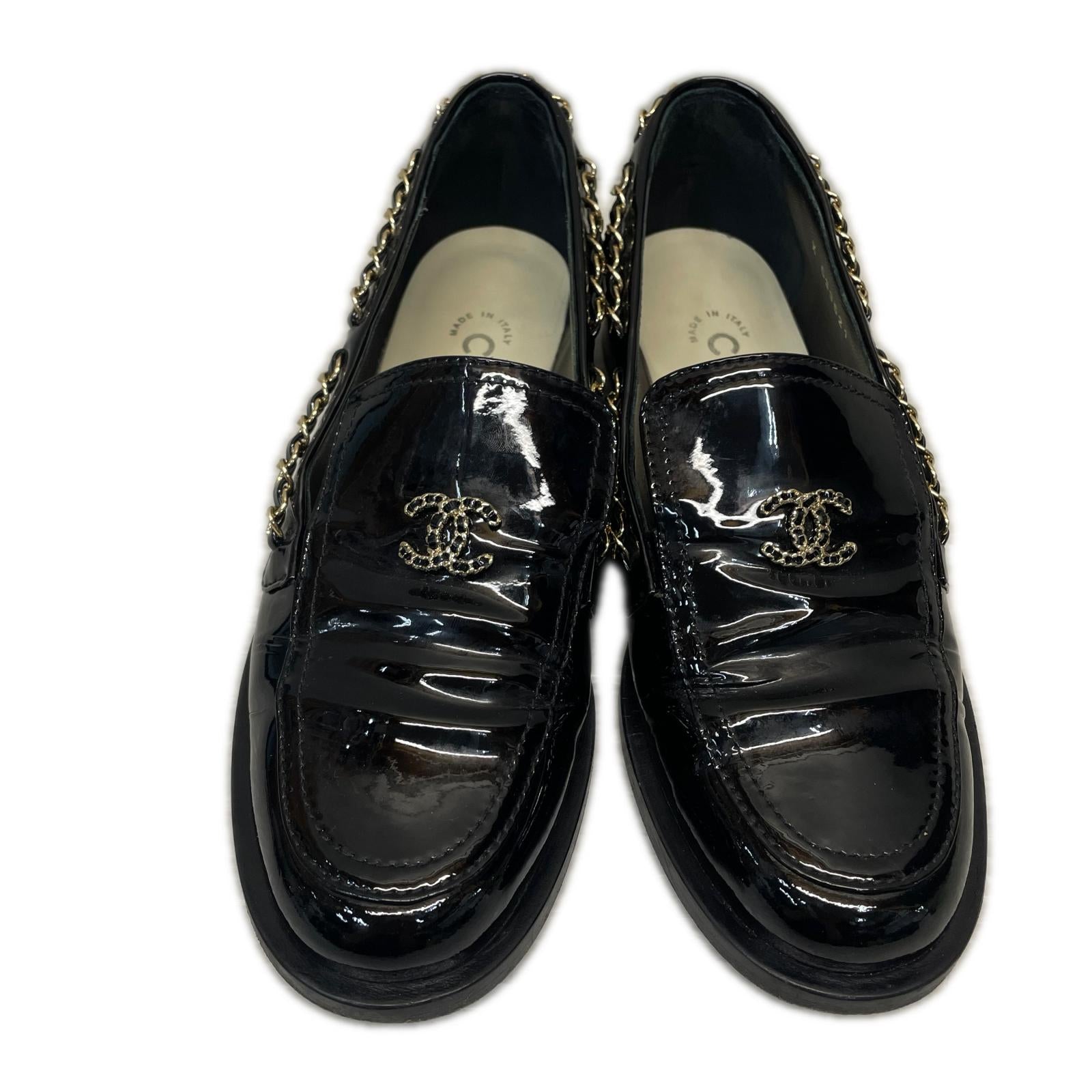 CHANEL パテントレザー ココマーク チェーンローファー 36C 黒