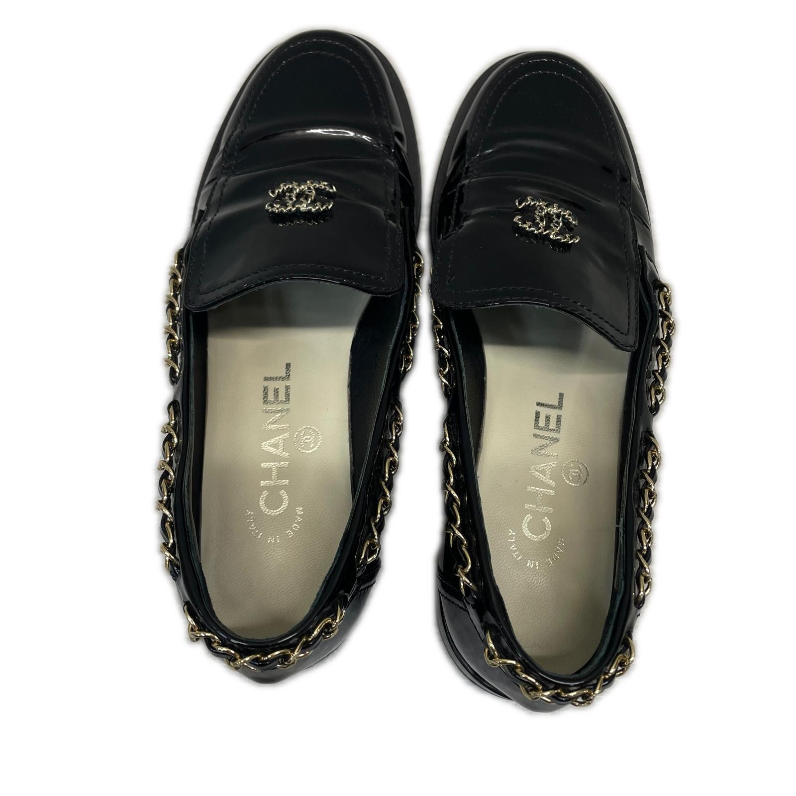 CHANEL パテントレザー ココマーク チェーンローファー 36C 黒