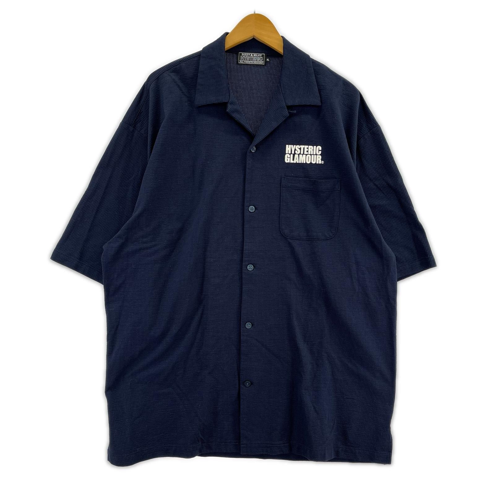 半袖シャツ SEE NO EVILバックプリントオープンカラーシャツ(XL)紺 ネイビー