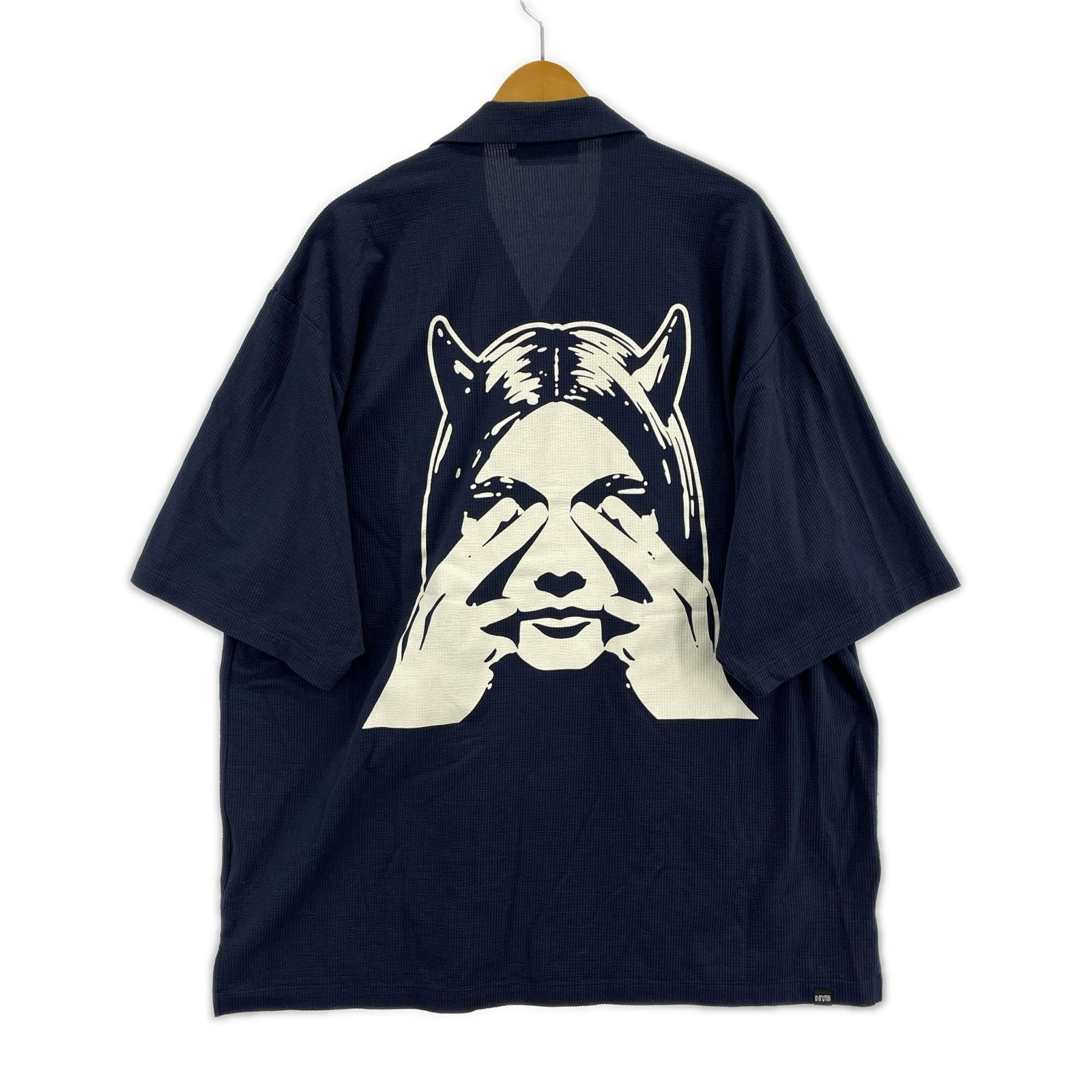 半袖シャツ SEE NO EVILバックプリントオープンカラーシャツ(XL)紺 ネイビー