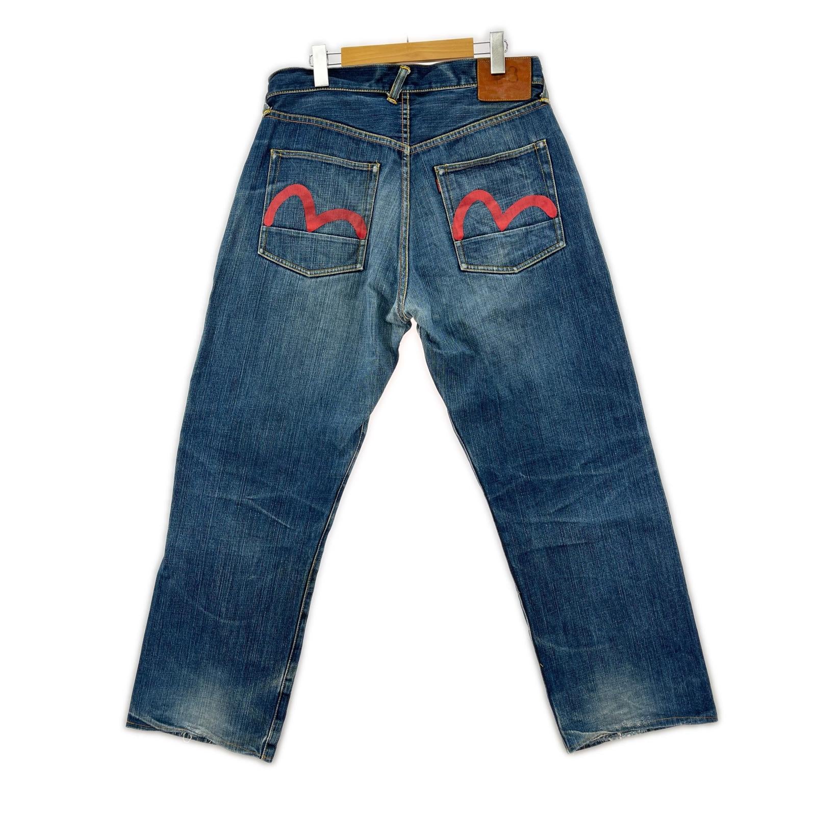 デニムパンツ No3 カモメプリント　W34 35 ブルー