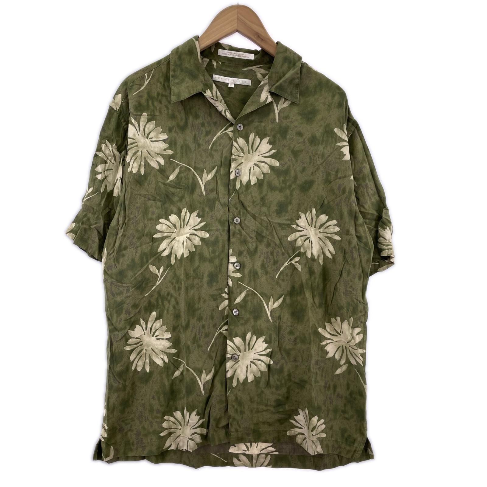 半袖シャツ PERRY ELLIS 開襟シャツGR ボタニカル柄 シルク100
