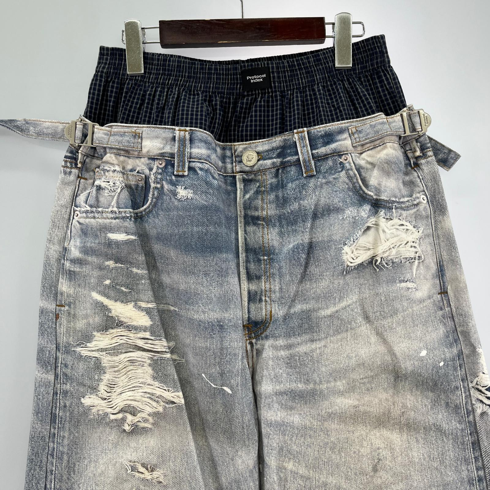 デニムパンツ Protocol Index 001 ORIGINAL 転写プリント レイヤードデニムパンツ ブルー ネイビー 2 ブルー