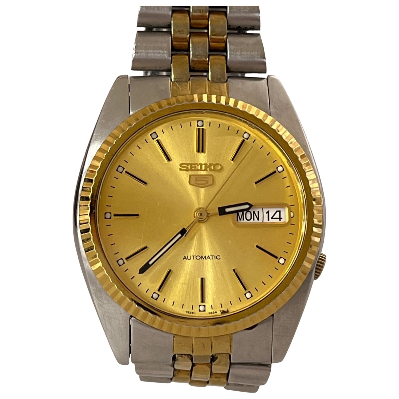 腕時計 SEIKO5 デイデイト 自動巻き腕時計 裏スケ ゴールドベゼル ゴールド