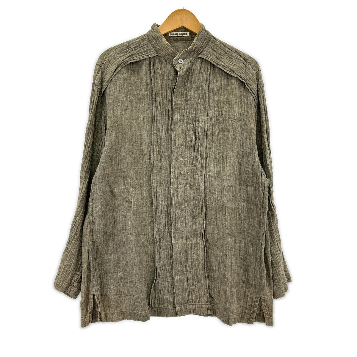 長袖シャツ ISSEY MIYAKE 80s 筆タグ プリーツリネンバンドカラーシャツ M グレー