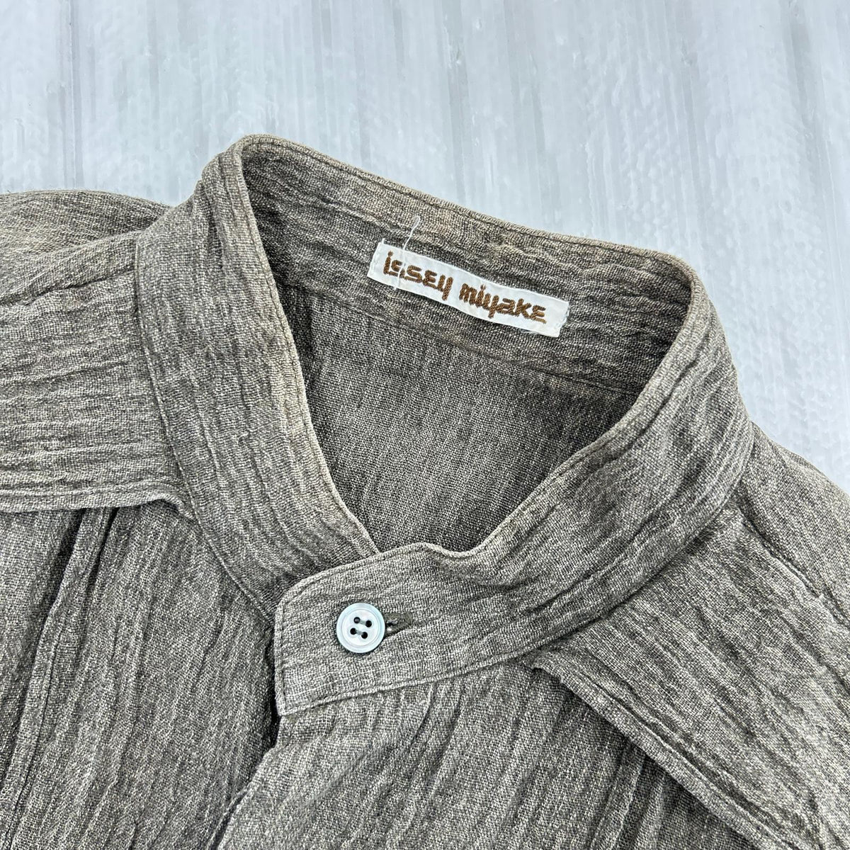 長袖シャツ ISSEY MIYAKE 80s 筆タグ プリーツリネンバンドカラーシャツ M グレー