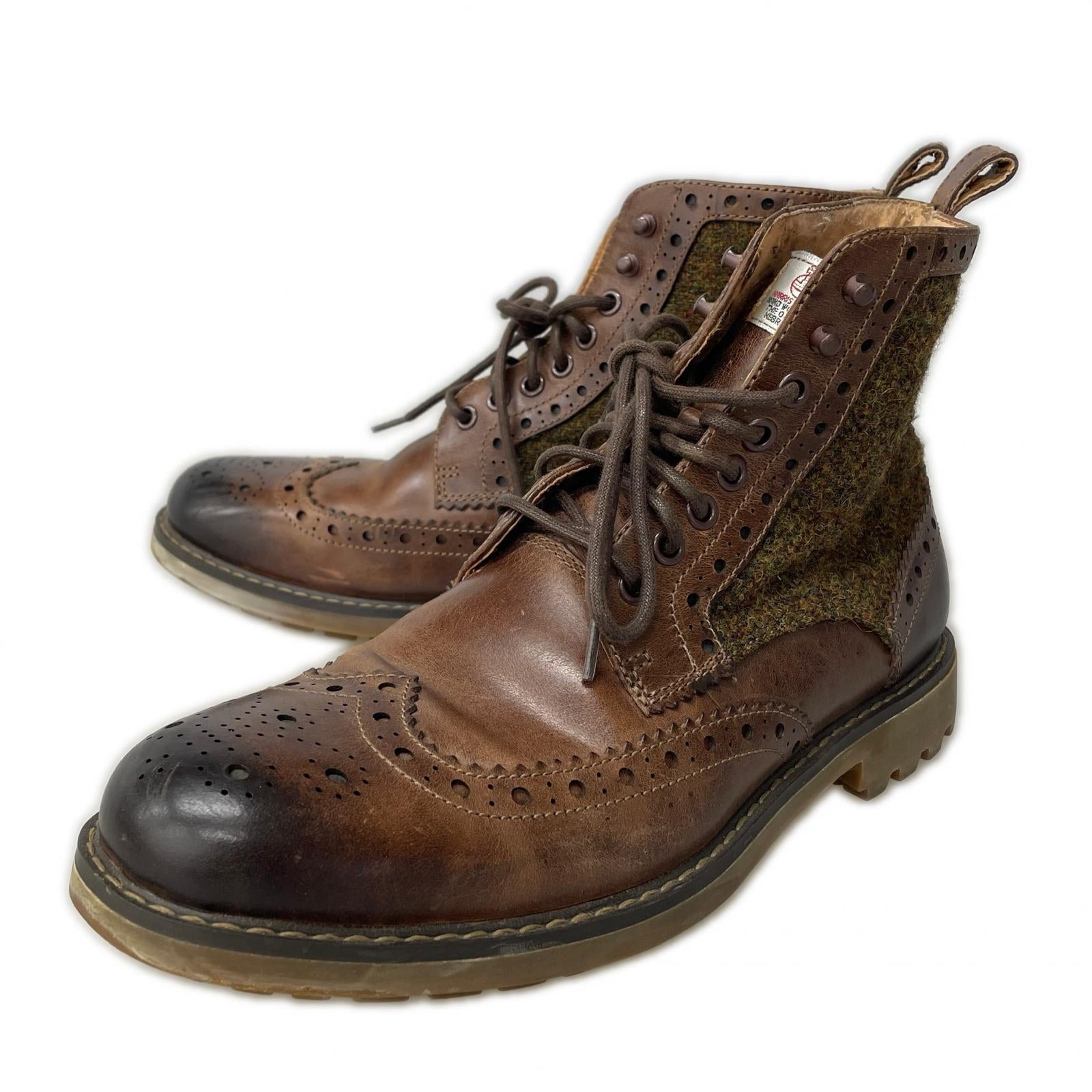 ブーツ Harris Tweed 茶 レザー ブラウン