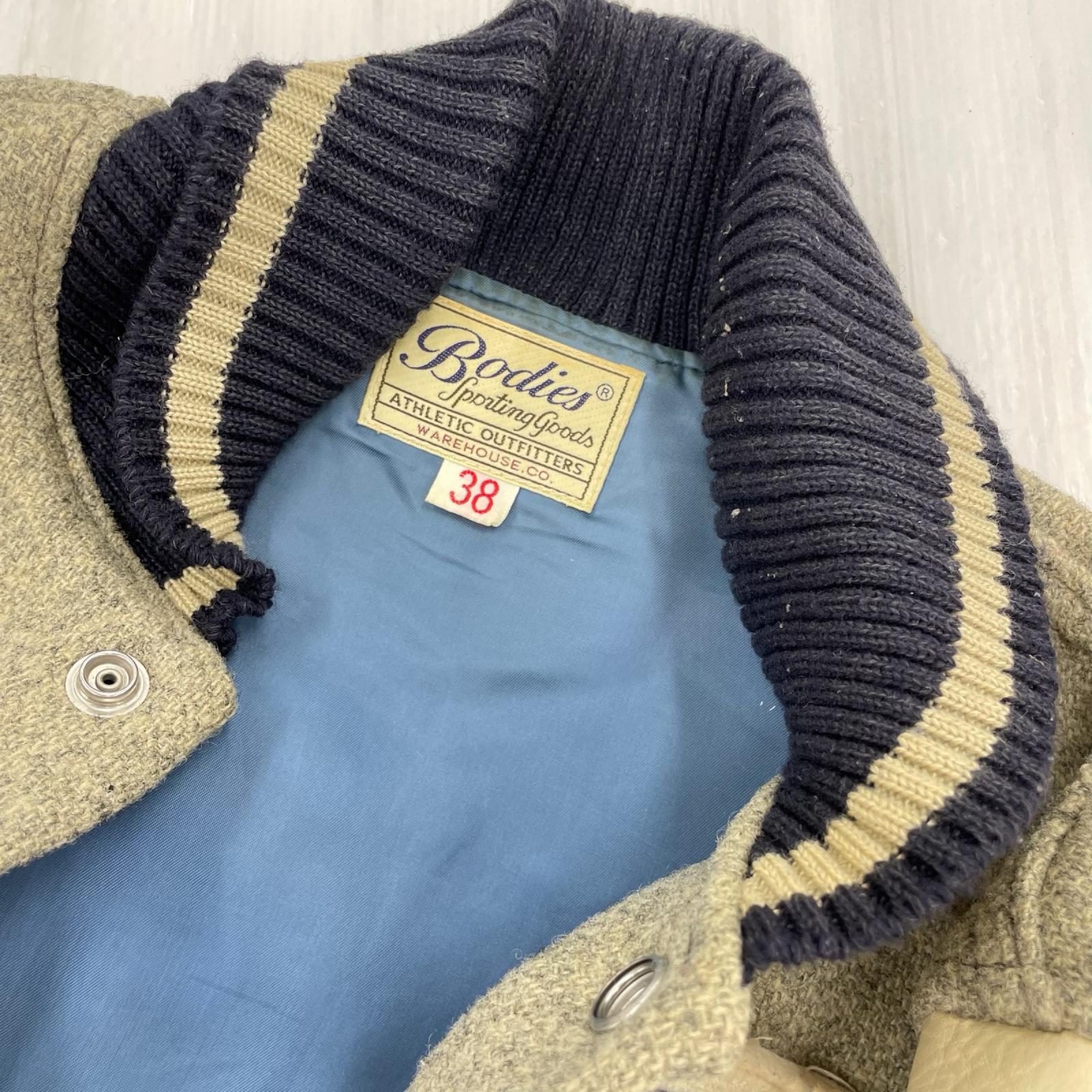 ジャケット Bodies 袖レザー フルレタースタジャン LA (38) グレー×ネイビー ベージュ